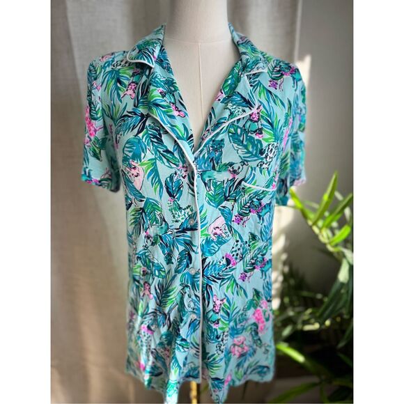 Lilly Pulitzer Women Pajama‎ Knit Button Up Top Small Dog  Barking Palm - Picture 1 of 8